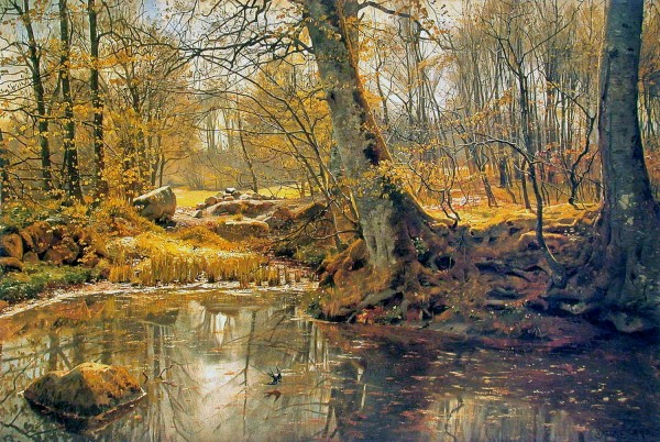Winter landscape with birds and trees near frozen lake by Peter Mork Monsted